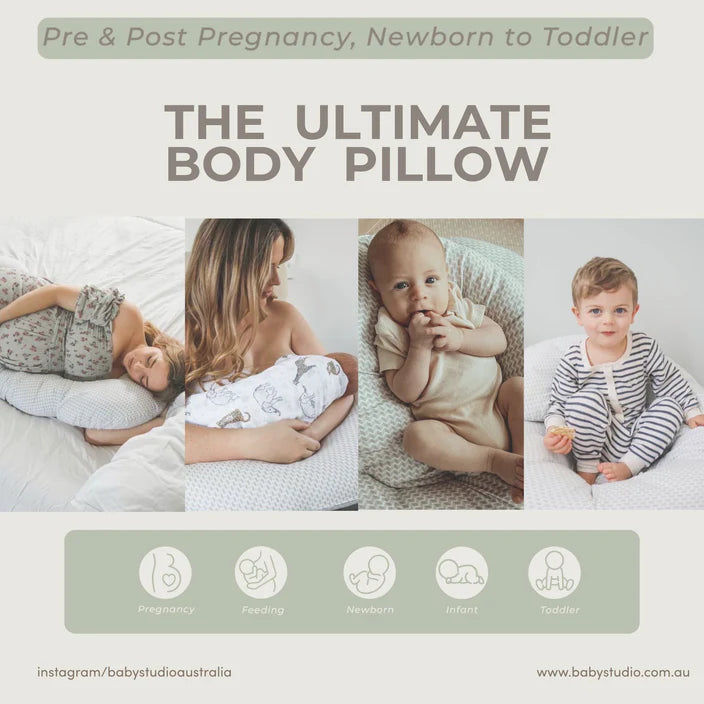 Advertisement for a body pillow with images of a woman, baby, and toddler using the product.