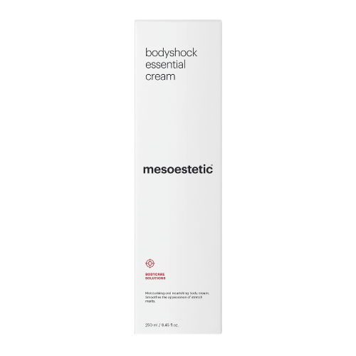 Mesoestetic bodyshock essential cream packaging on a white background
