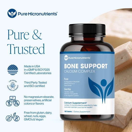 Bottle of Pure Micronutrients Bone Support Calcium Complex supplement on a light background