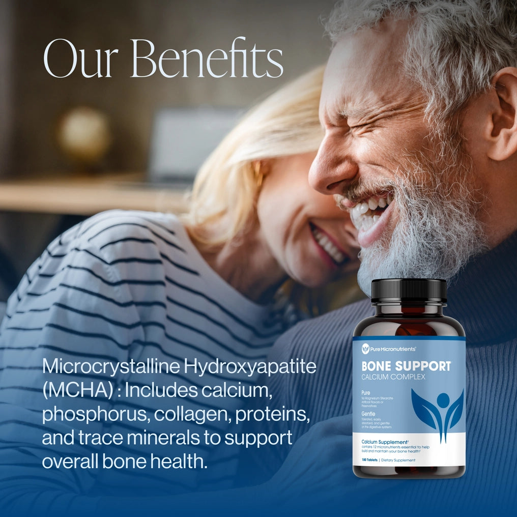 Bottle of Bone Support supplement with a couple in the background
