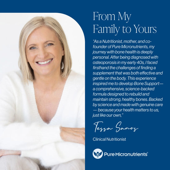 Woman with blonde hair and a white shirt on a blue background with text about bone health and Pure Micronutrients.