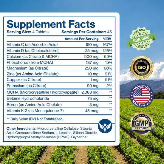 Supplement facts label with mountain and field background