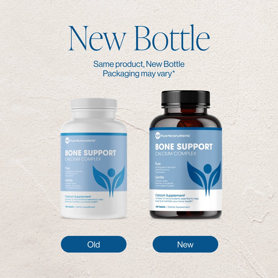 Two bottles of Bone Support Calcium Complex with labels for old and new packaging on a light gray background.