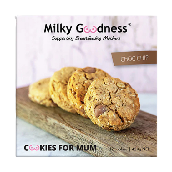 Box of Milky Goodness Choc Chip Cookies 12 cookies for Mum on a wooden board with a marble 