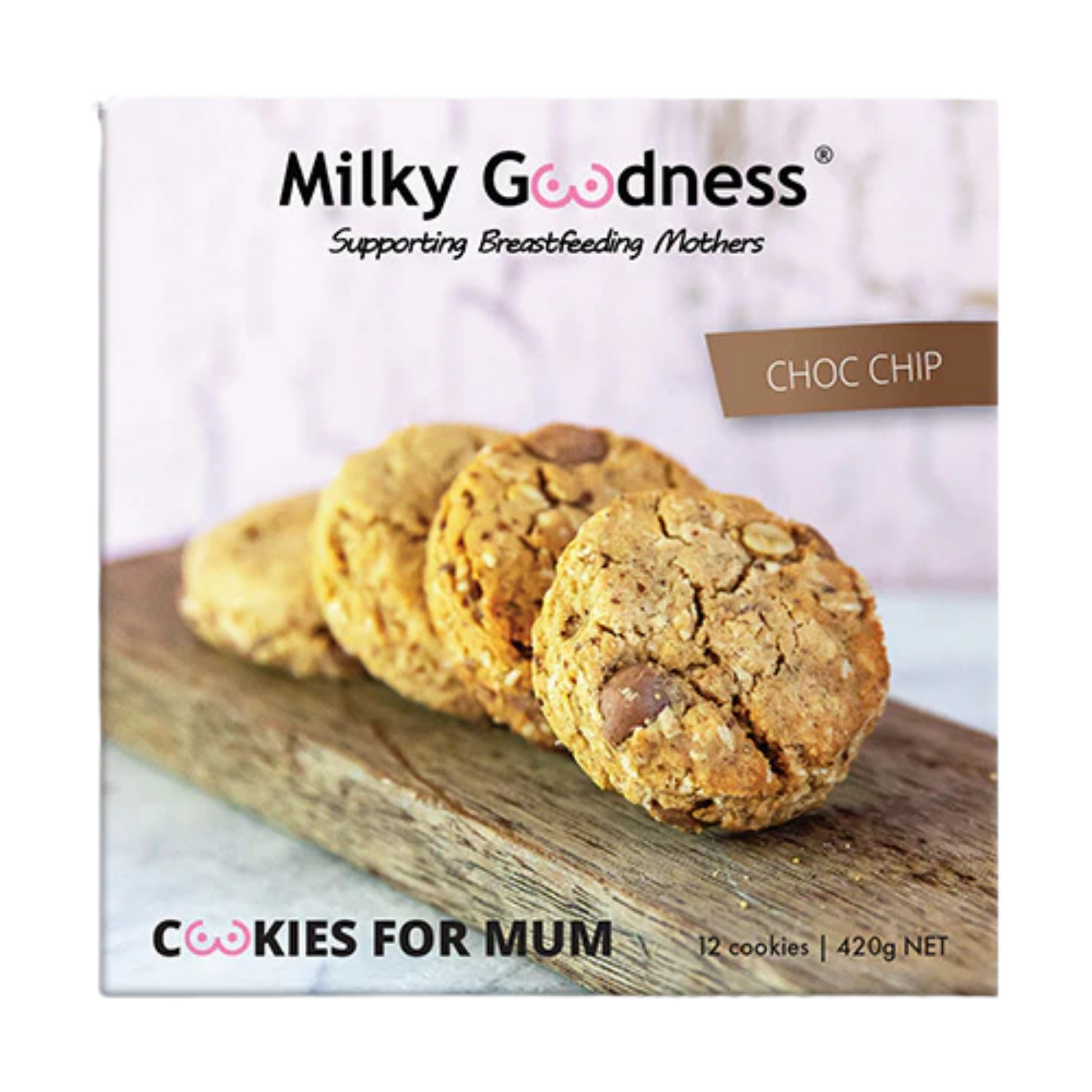 Box of Milky Goodness Choc Chip Cookies 12 cookies for Mum on a wooden board with a marble 