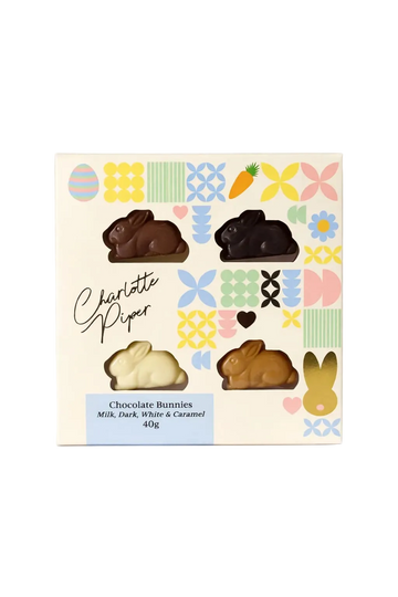 Box of Charlotte Piper chocolate bunnies with colorful patterned box