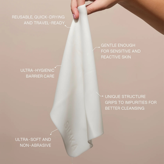 SIMKA facial cleansing cloth packaging with reusable, quick drying and travel ready. Gentle enough for sensitive and reactive skin. Ultra hygienic barrier care. Unique structure grips to impuroties for better cleansing. Ultra soft and non abrasive.