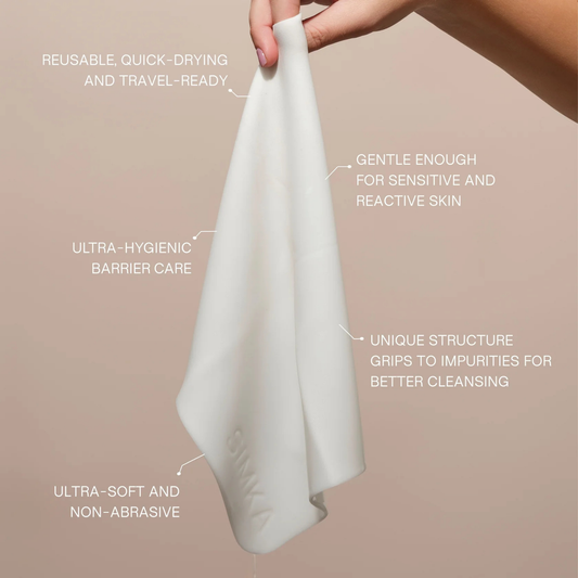 SIMKA facial cleansing cloth packaging with reusable, quick drying and travel ready. Gentle enough for sensitive and reactive skin. Ultra hygienic barrier care. Unique structure grips to impuroties for better cleansing. Ultra soft and non abrasive.