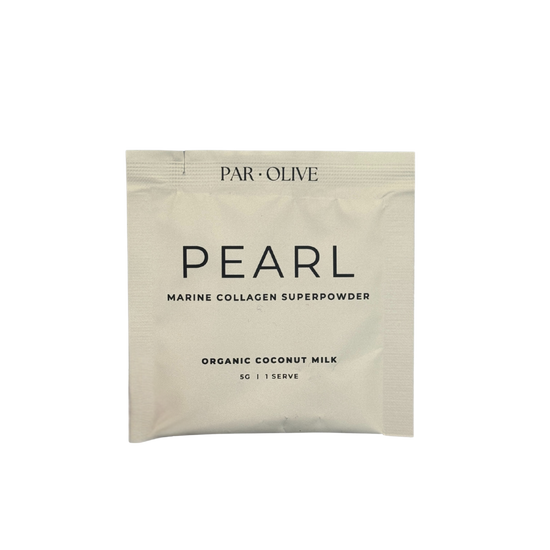 Single serve sachet of the Pearl Collagen Superpowder in the flavour coconut milk