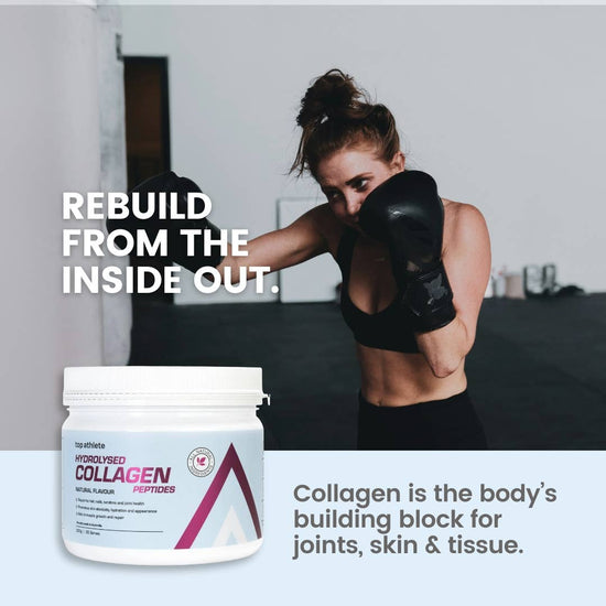 Person in boxing stance with collagen supplement container and text about collagen benefits.