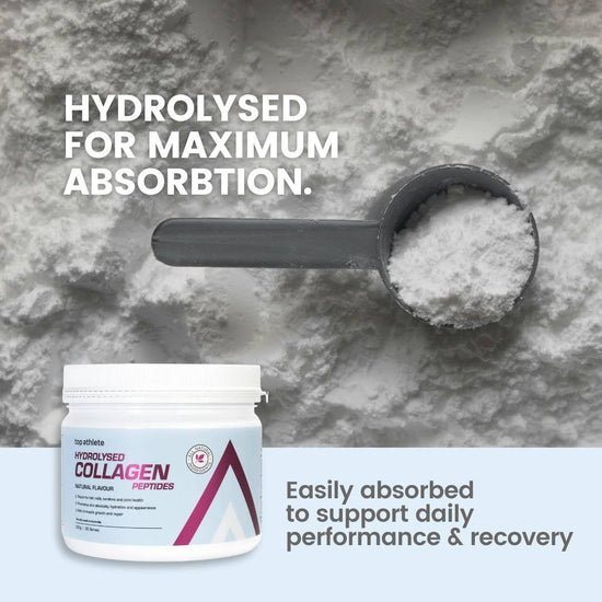 Collagen powder with scoop and container on a textured surface