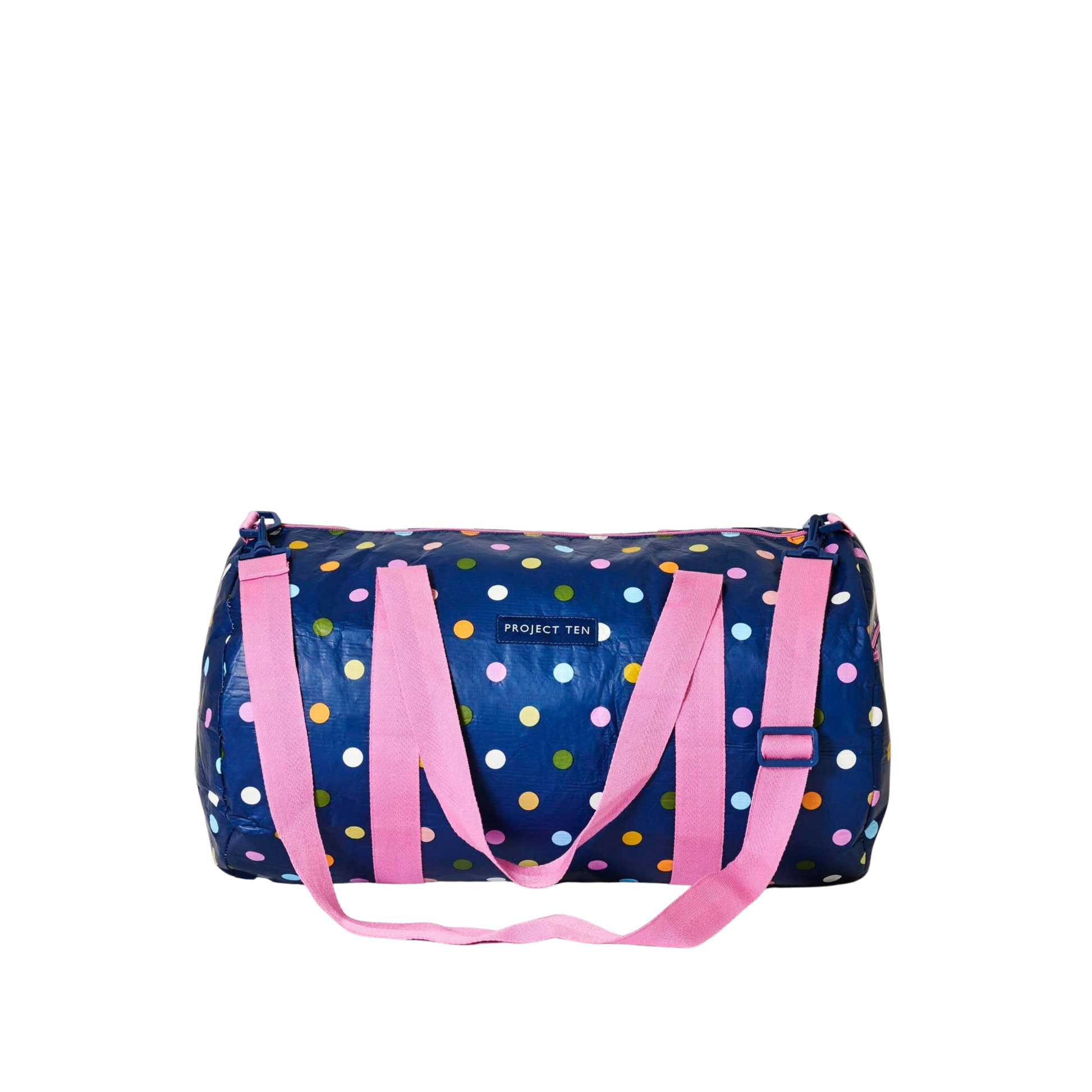 Polka dot duffel bag with pink straps