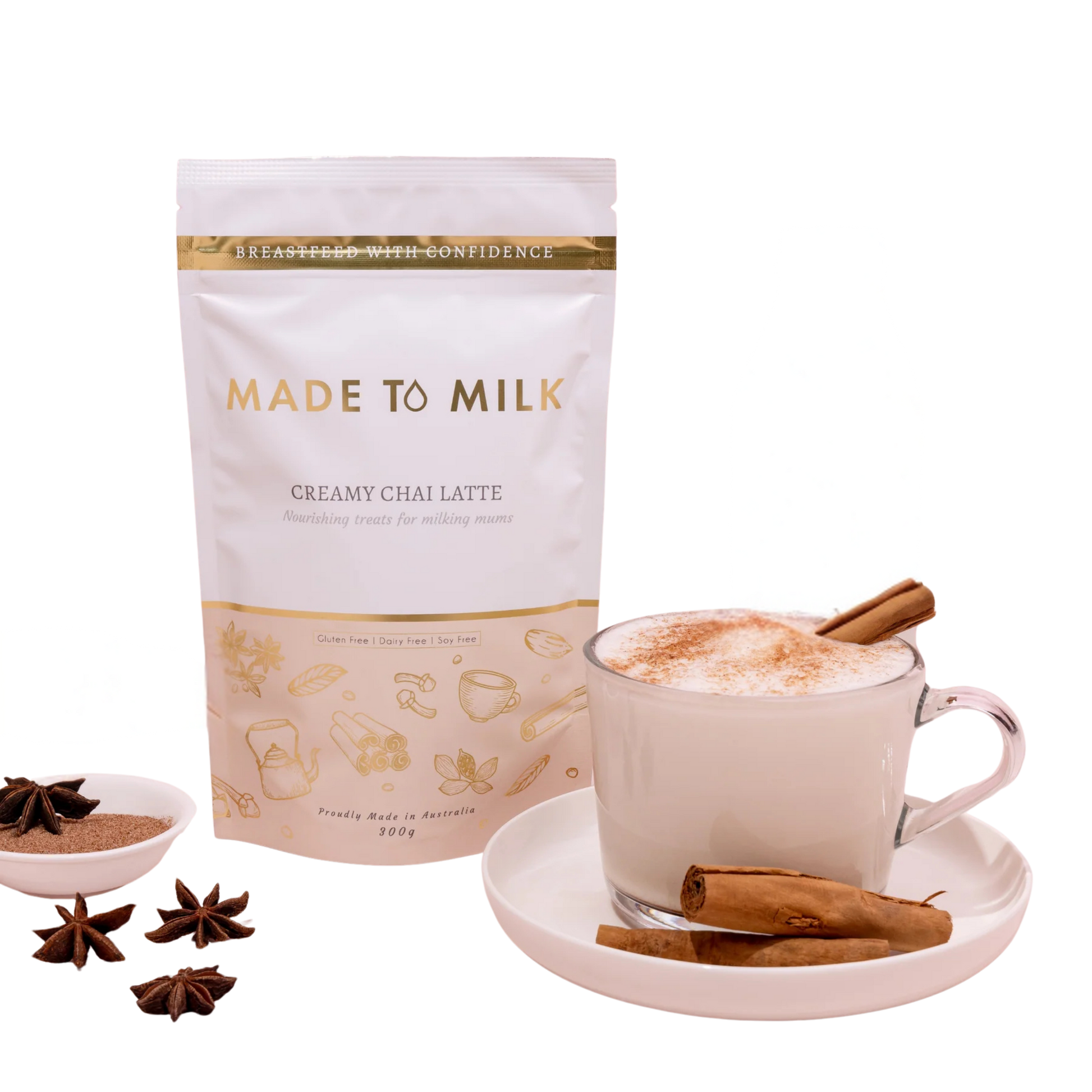 Made to Milk Lactation creamy chai latte package with a cup of latte 