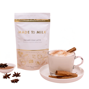 Made to Milk Lactation creamy chai latte package with a cup of latte 