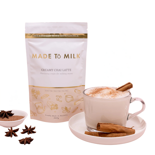 Made to Milk Lactation creamy chai latte package with a cup of latte 