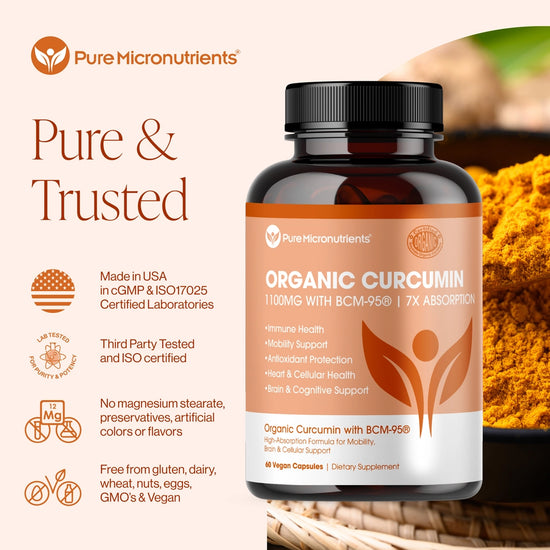 Supplement bottle labeled 'Pure Micronutrients Organic Curcumin' with turmeric powder in the background.
No magnesium stearate, preservatives, artificial colors or flavors. Free from gluten, dairy, wheat, nuts, eggs, GMO's & Vegan.