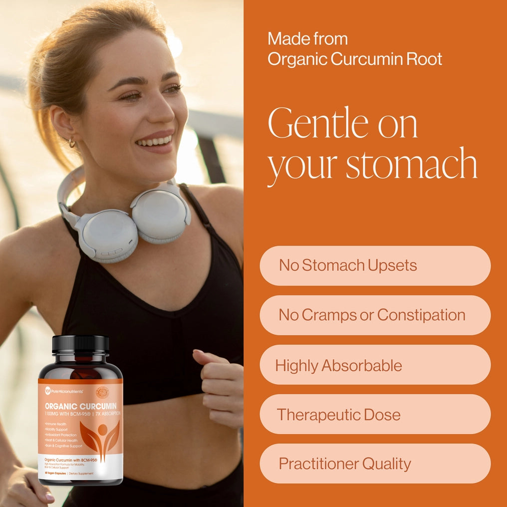 Women running. Made from organic curcumin root. Gentle on your stomach. No stomach upsets. No cramps or constipation. Highly absorbable. Therapeutic dose. Practitioner quality.