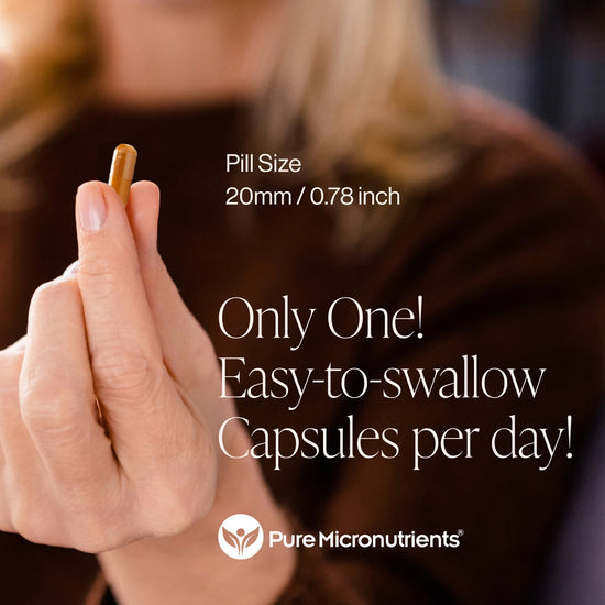 Hand holding a pill with promotional text only one about easy-to-swallow capsules and brand name 'Pure Micronutrients'.