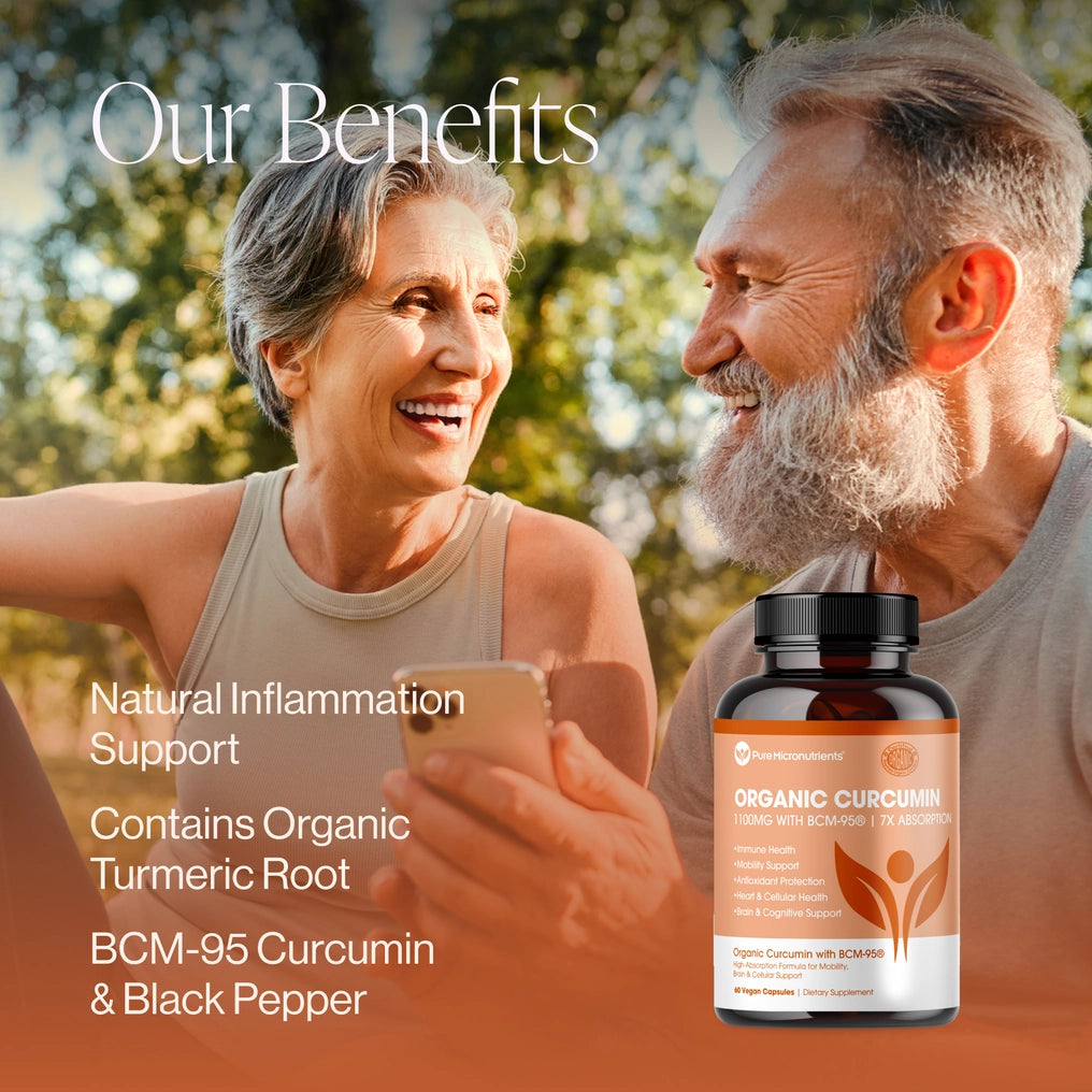 Two people outdoors with a bottle of Organic Curcumin supplement.
Natural Inflammation Support
Contains organic turmeric root
BCM-95 Curcumin & Black Pepper
