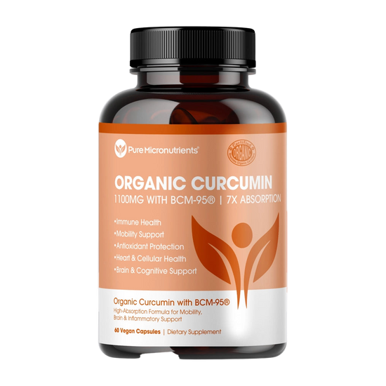 Supplement bottle labeled 'Organic Curcumin' with branding on a light gray background
