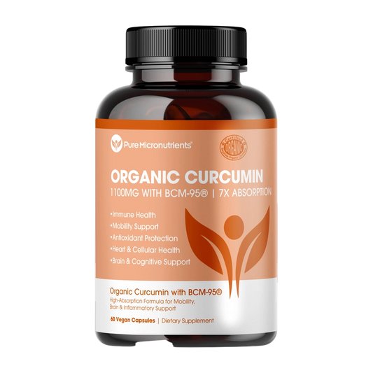 Supplement bottle labeled 'Organic Curcumin' with branding on a light gray background