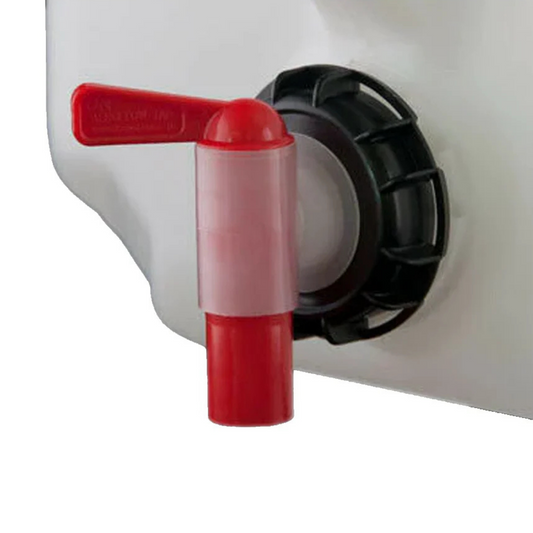 Red valve handle on a white container with a black cap.