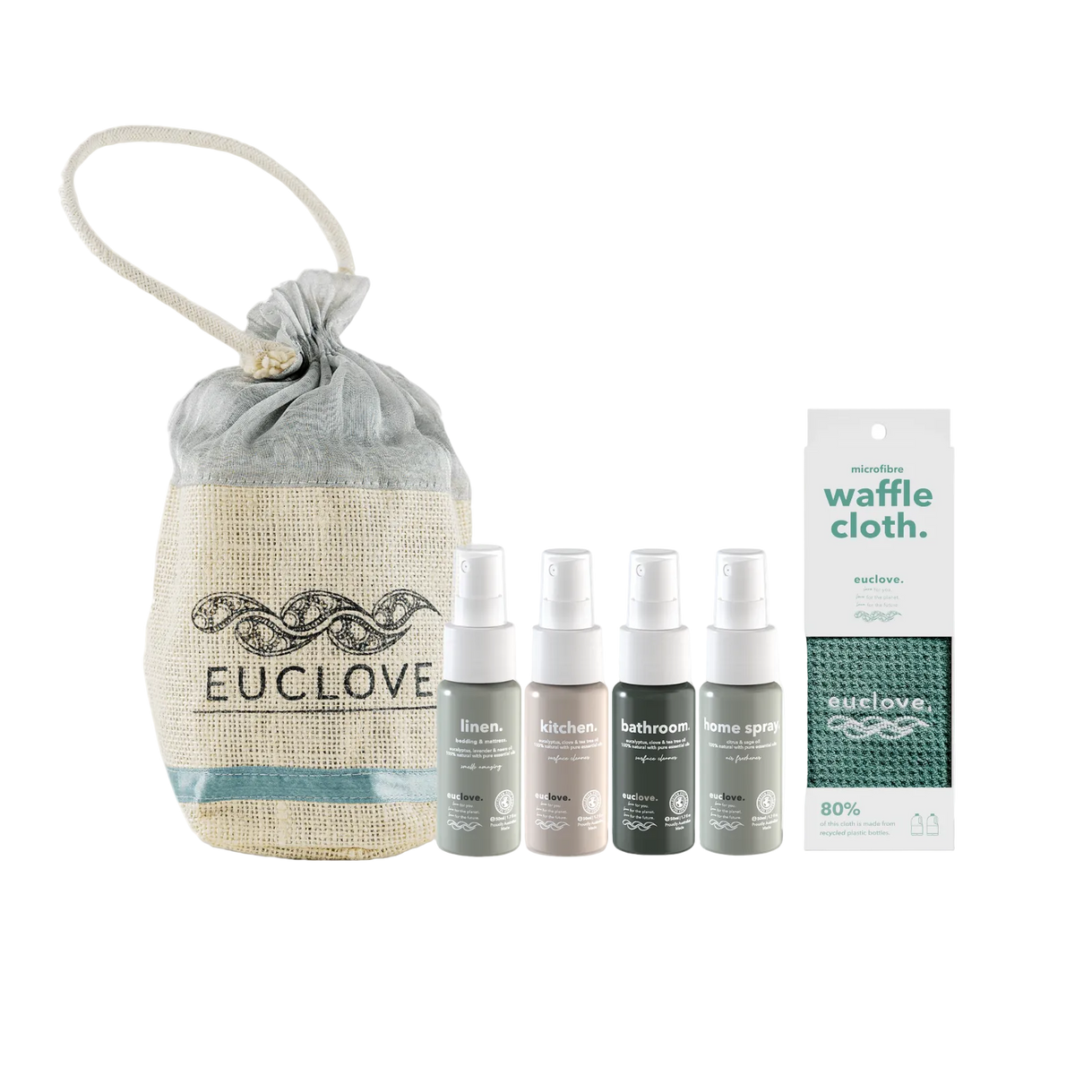 A home fragrance gift set from Euclove including a beige burlap drawstring pouch, four small spray bottles in linen, kitchen, bathroom, and home spray scents, and a white waffle cloth.