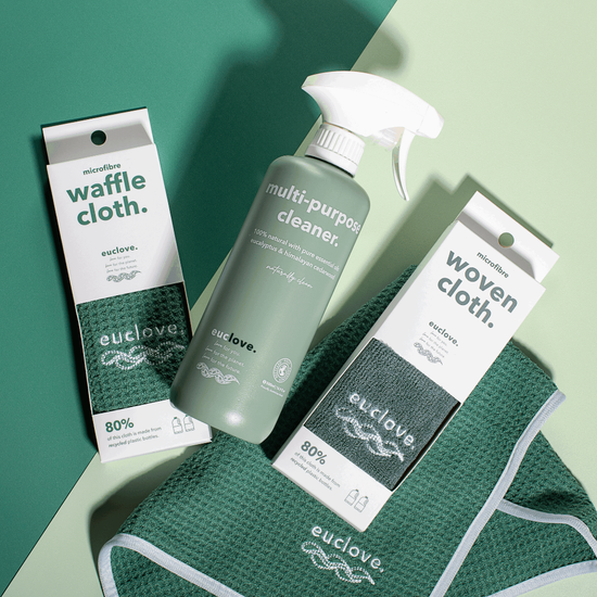 Euclove cleaning products including a spray bottle, waffle cloth, and woven cloth on a green and white background.