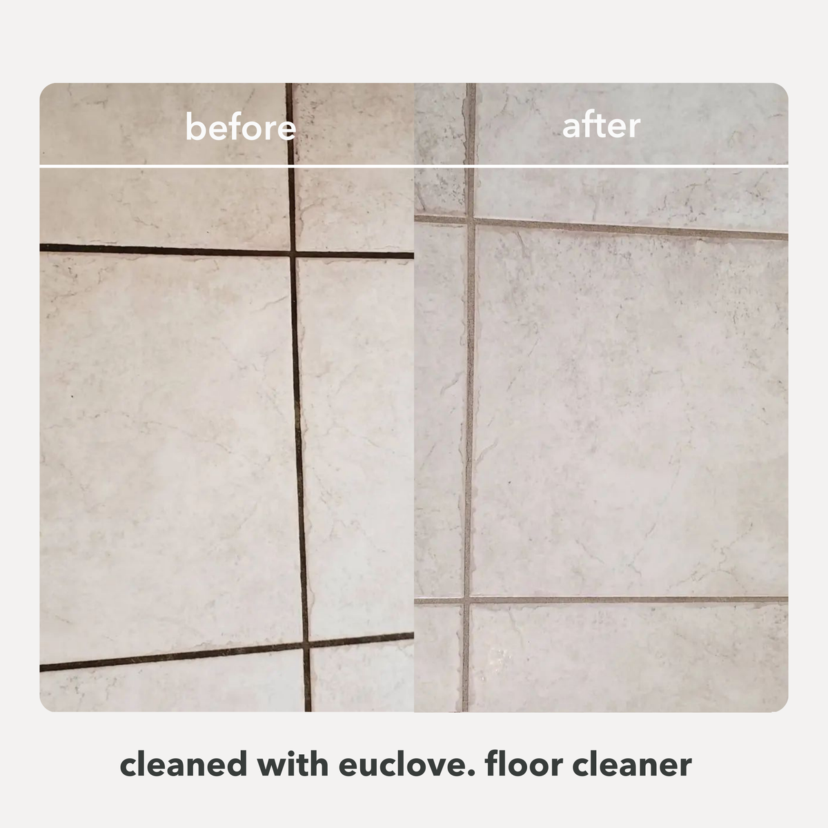 Before and after comparison of a tiled floor cleaned with Euclove floor cleaner.