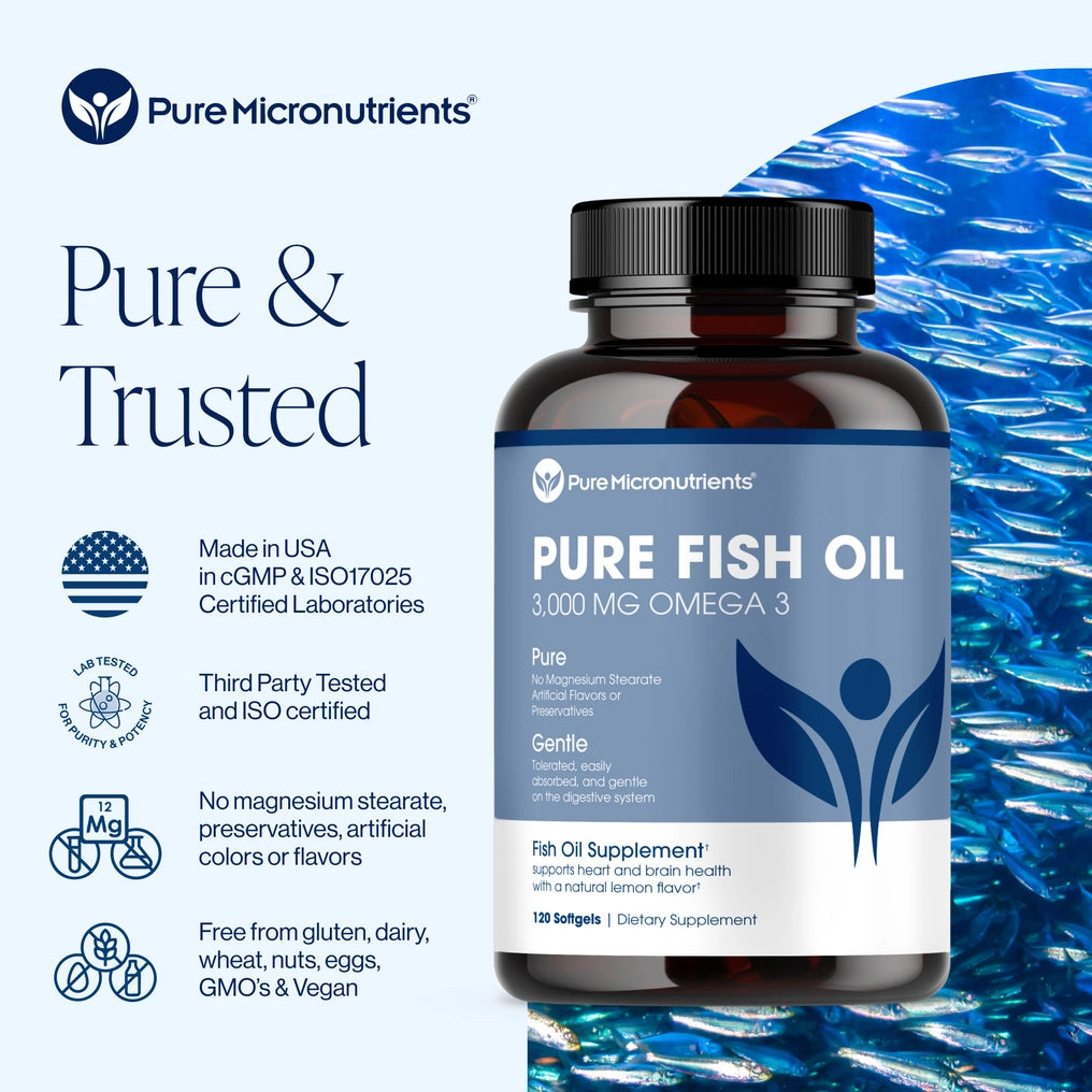 Bottle of Pure Micronutrients Pure Fish Oil with blue water background. 