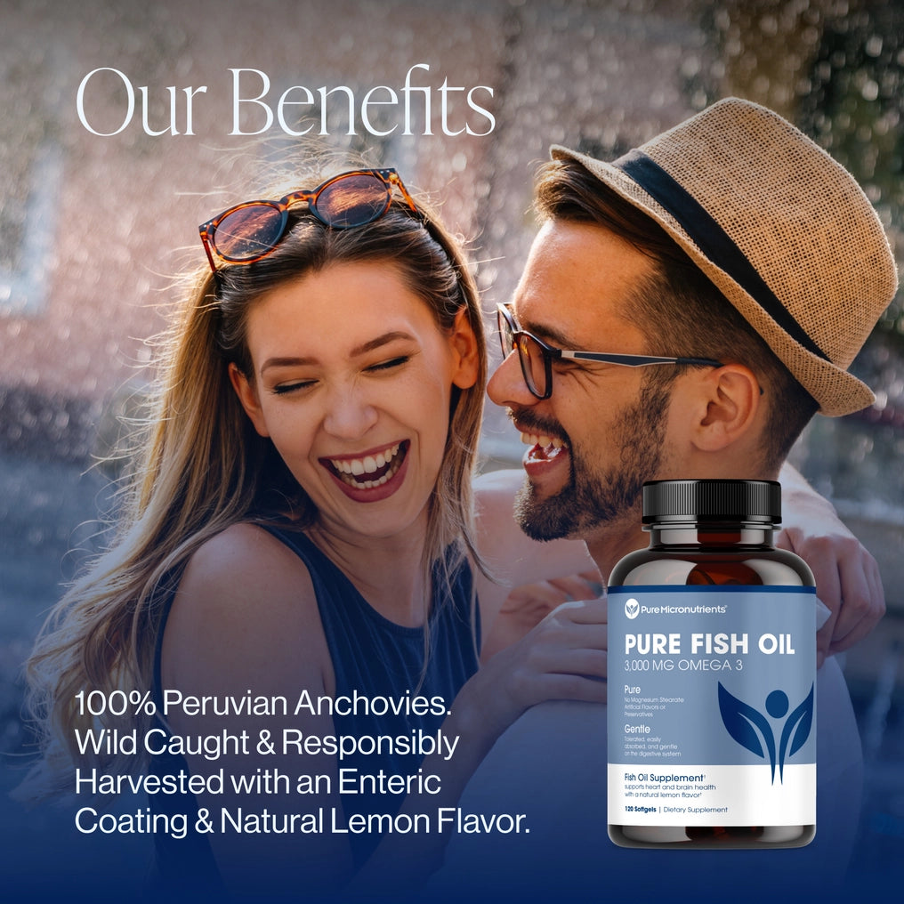 Couple laughing outdoors with a bottle of Pure Fish Oil in the foreground. 100% peruvian anchovies. wild caught & responsibly harvested with an enteric coating & natural lemon flavour. 