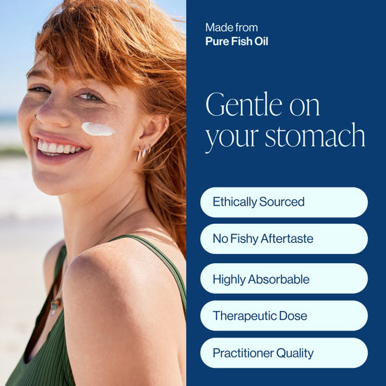 Woman with sunscreen on her face, beach setting, with product features listed on a blue background. Gentle on your stomach. Ethically sourced. No fishy aftertaste. Highly absorbable. therapeutic dose. practitioner quality. 