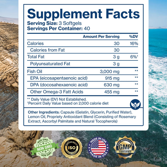 Supplement facts label with ocean and rock background
