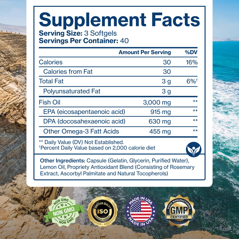 Supplement facts label with ocean and rock background