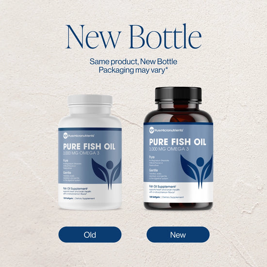 Two bottles of Pure Fish Oil with 'Old' and 'New' labels on a textured gray background.
