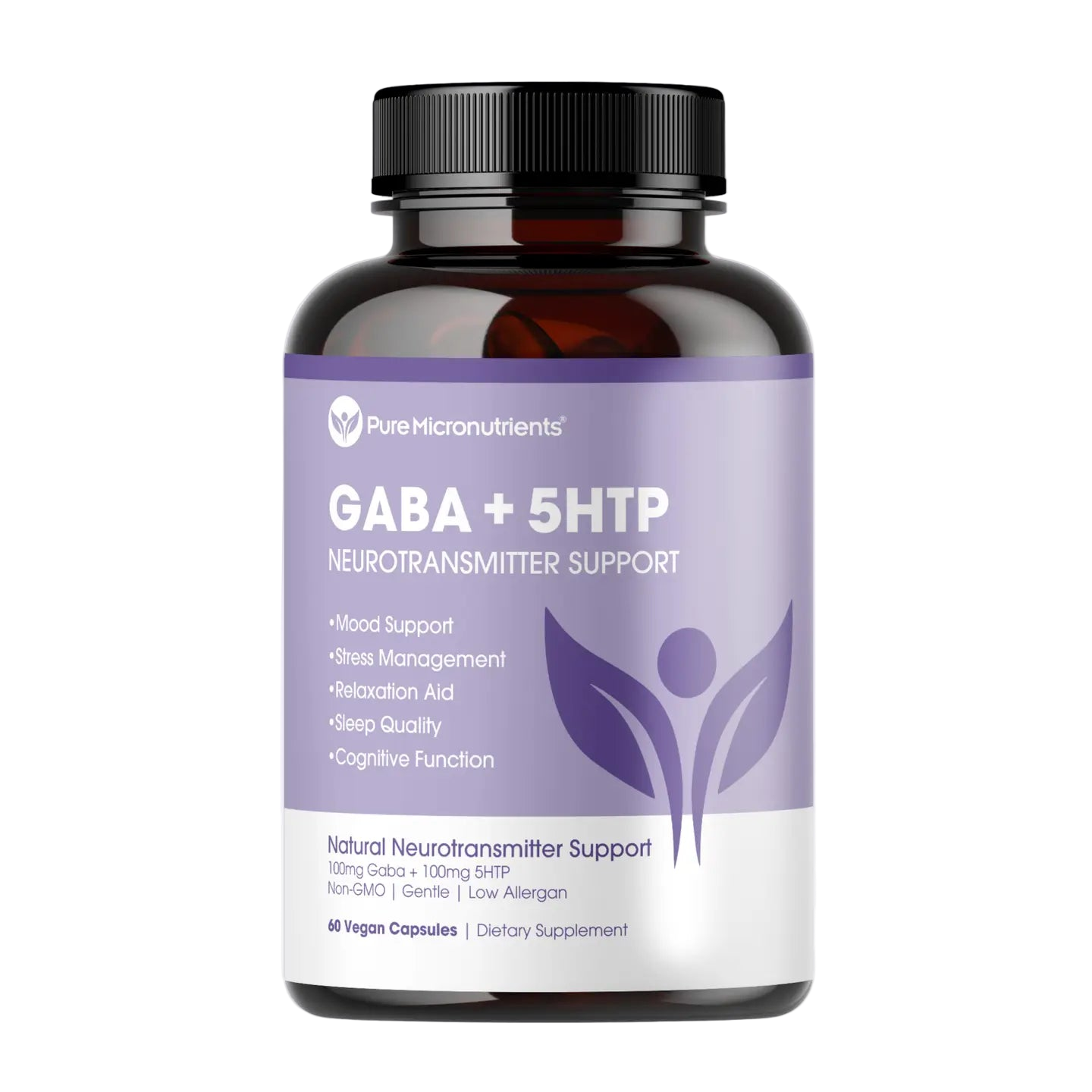 Supplement bottle labeled 'GABA + 5HTP' by Pure Micronutrients on a transparent background
