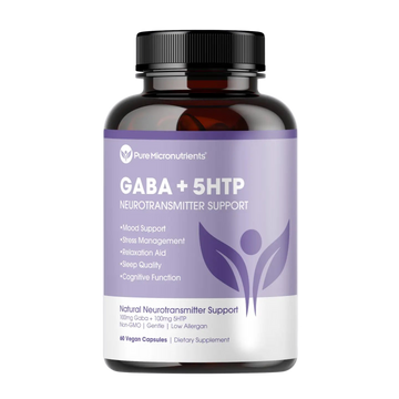 Supplement bottle labeled 'GABA + 5HTP' by Pure Micronutrients on a transparent background