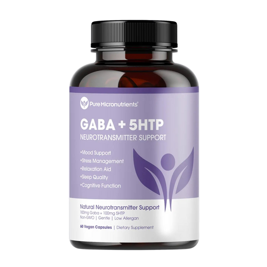 Supplement bottle labeled 'GABA + 5HTP' by Pure Micronutrients on a transparent background