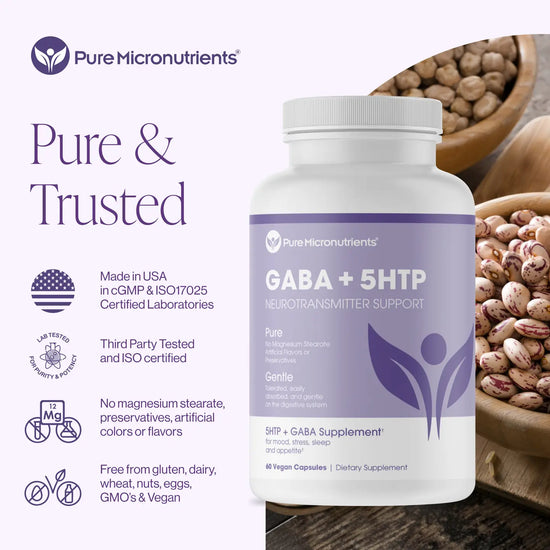 Supplement bottle labeled 'GABA + 5HTP' by Pure Micronutrients with a wooden background. No magnesium stearate, preservatives, artificial colors or flavors.