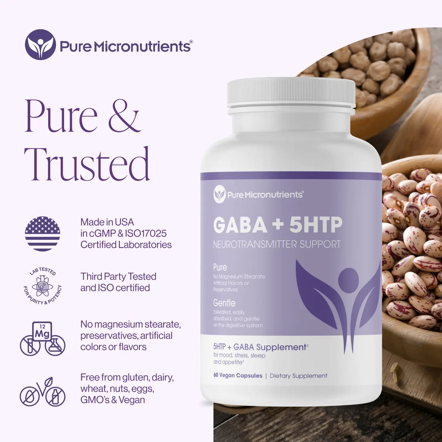 Supplement bottle labeled 'GABA + 5HTP' by Pure Micronutrients with a wooden background. No magnesium stearate, preservatives, artificial colors or flavors.