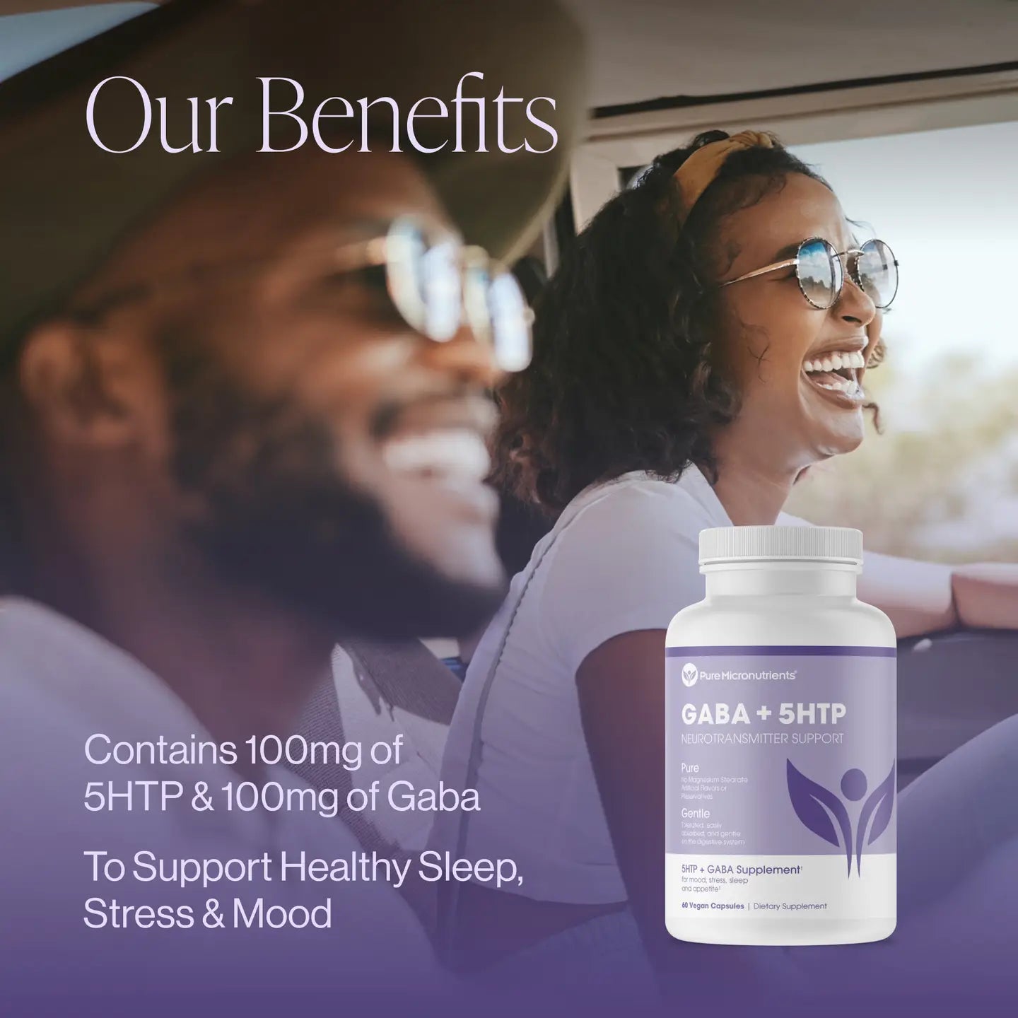 Bottle of GABA + 5HTP supplement with a blurred background of two people sitting together. Contains 100mg of 5HTP & 100mg of Gaba. To support healthy sleep, stress and mood