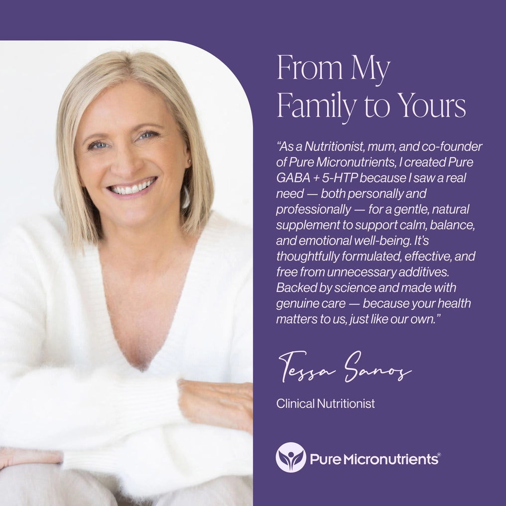 Woman with blonde hair and a white shirt on a purple background with text about Pure Micronutrients.