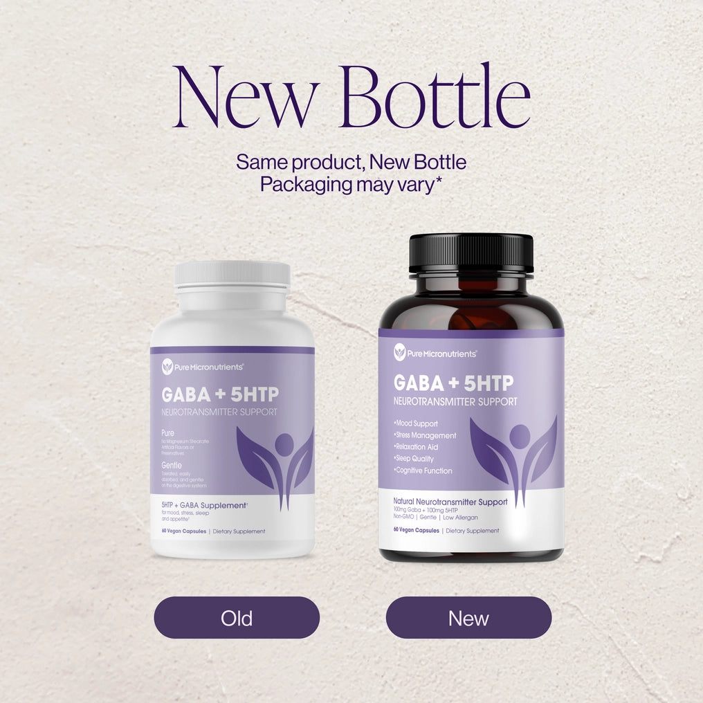 Two GABA + 5HTP supplement bottles, one old and one new, on a light gray background.