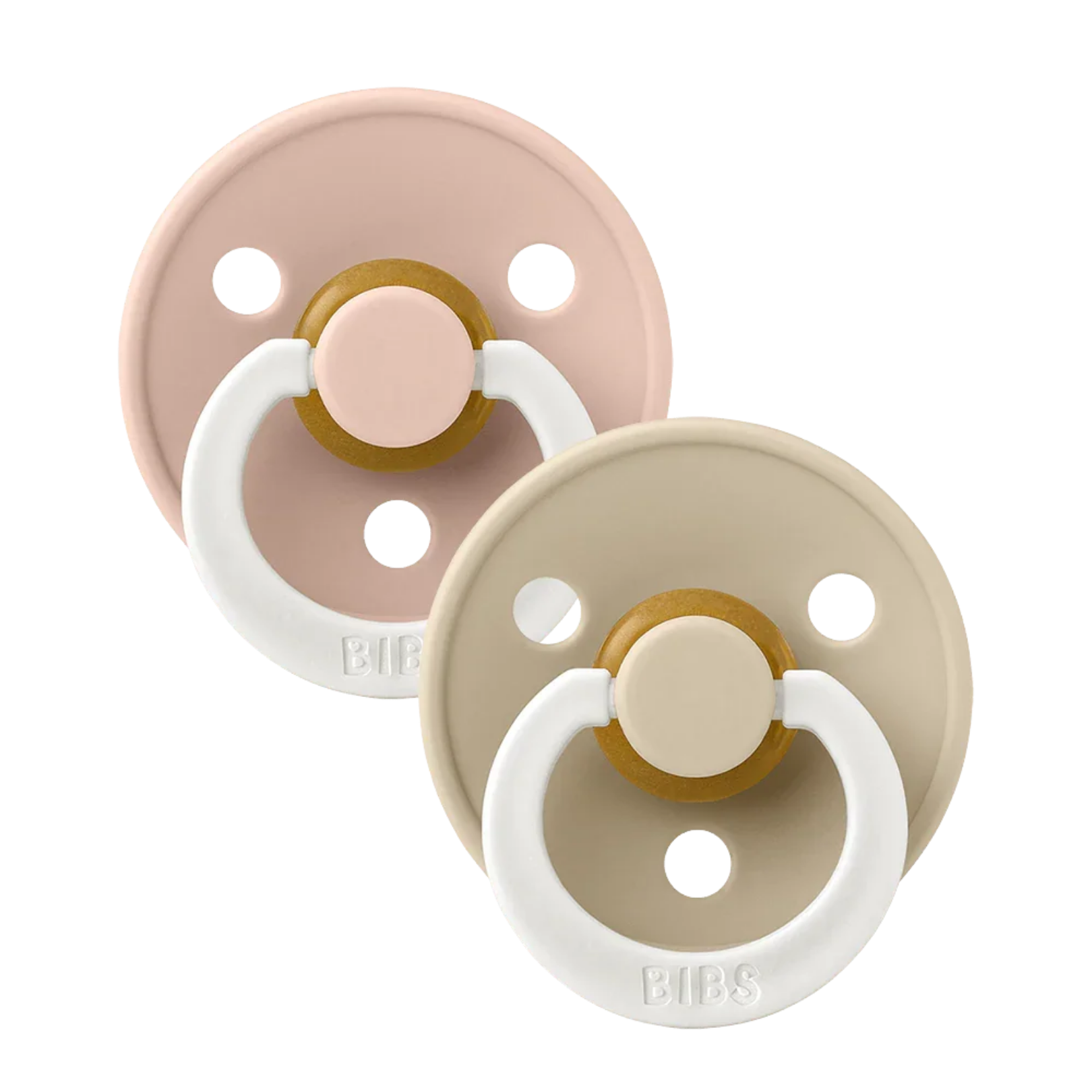 Two baby pacifiers in blush and beige with white rings