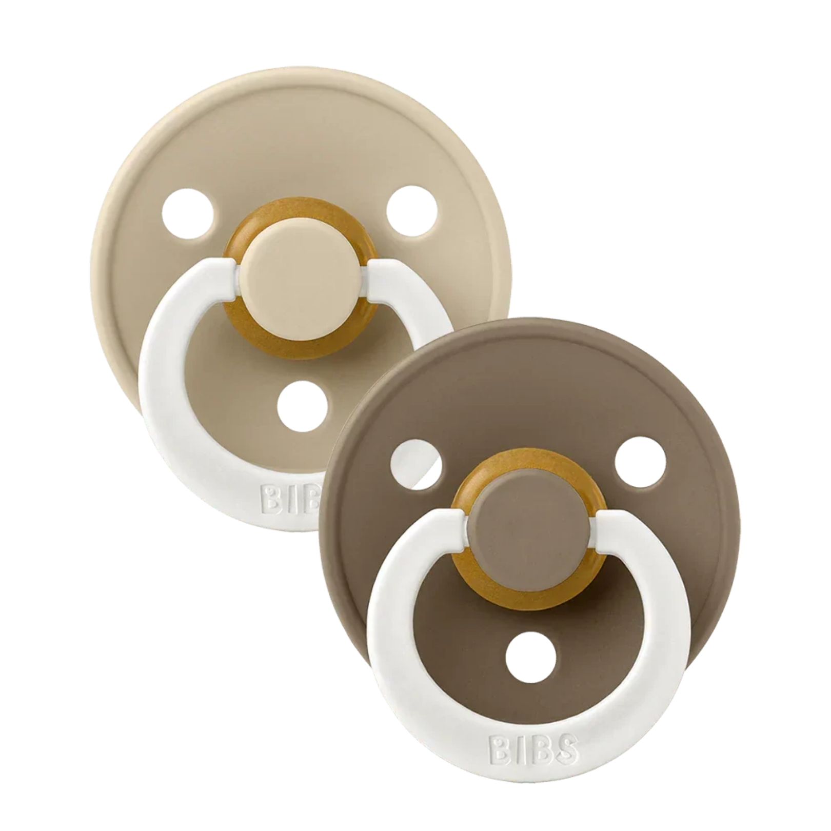 Two baby pacifiers in beige and brown with white rings