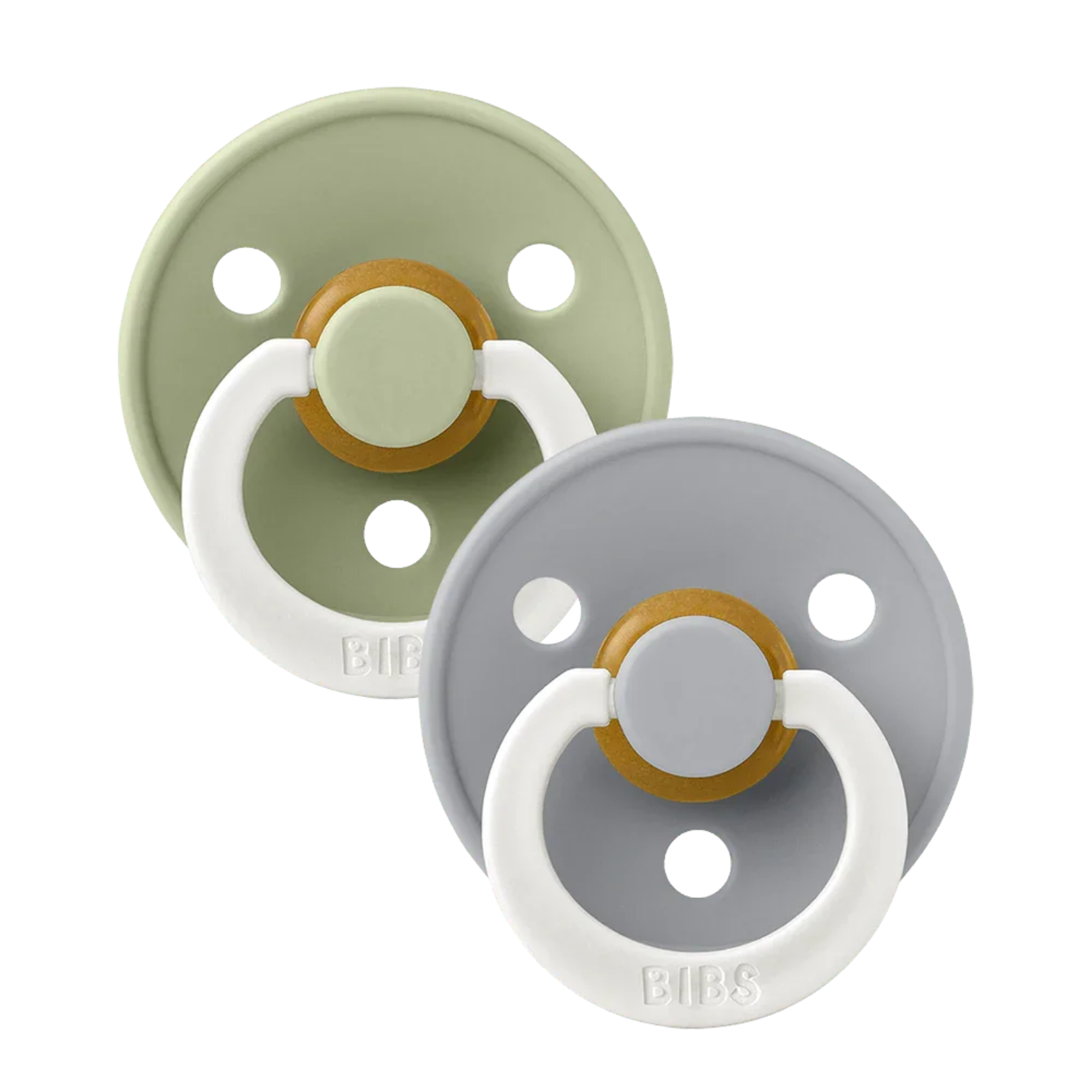 Two baby pacifiers in sage and cloud with white rings