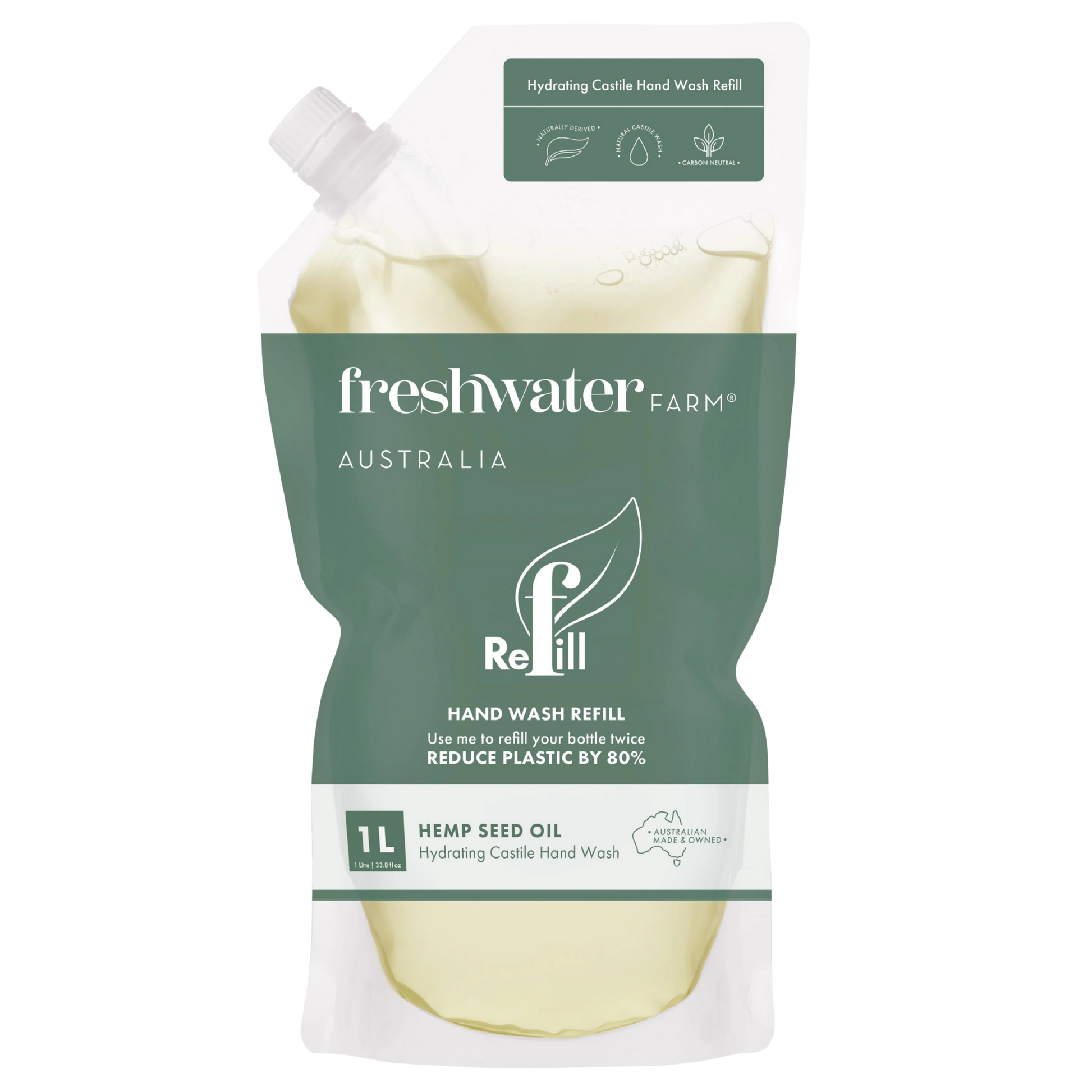 Hemp Seed Oil Hand wash 1L refill pouch with 'freshwater farm Australia'