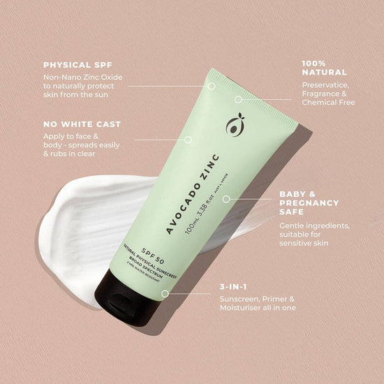 Avocado Zinc sunscreen tube with product features on a beige background