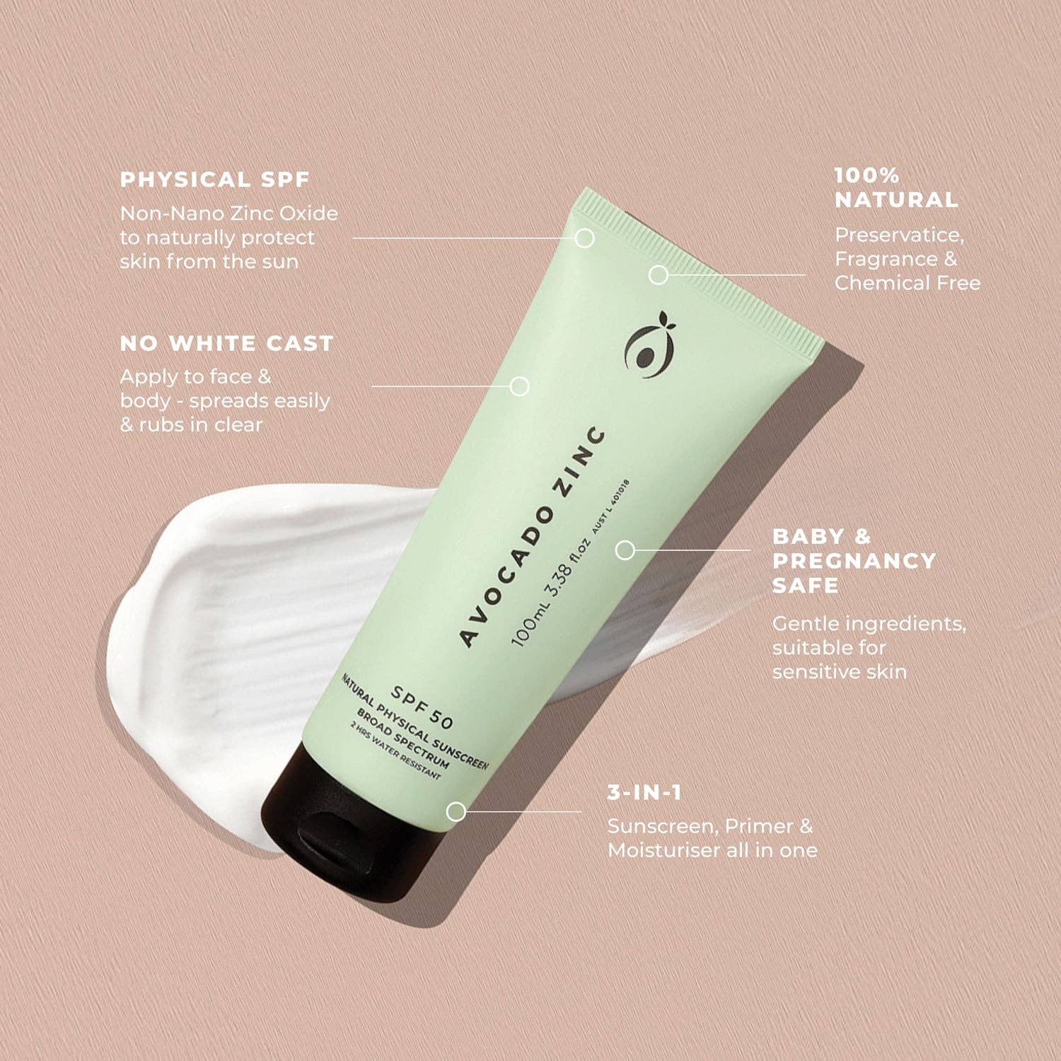 Avocado Zinc sunscreen tube with product features on a beige background