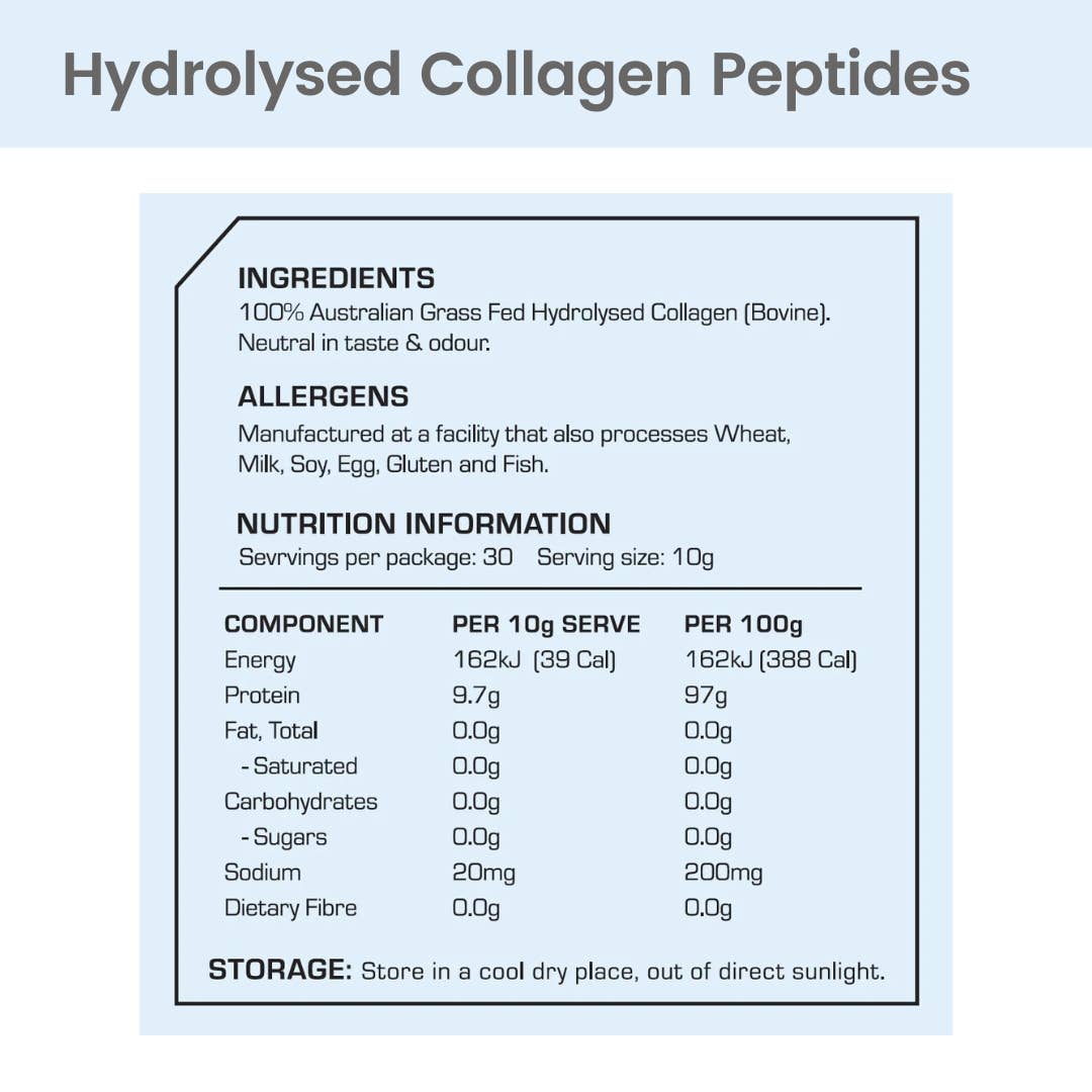 Nutritional label for hydrolysed collagen peptides on a light blue background